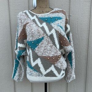 Vtg SSG By Catharine Lover  Wool Blend Fringe and beads Sweater size L